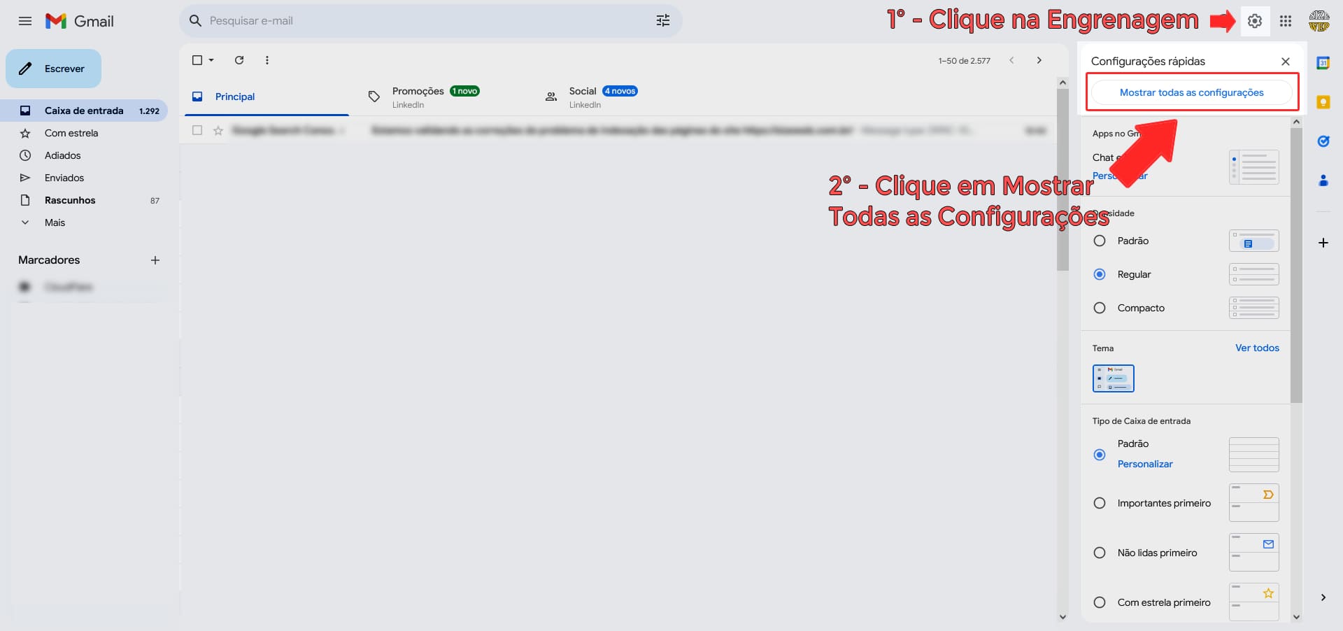 Imagem mostrando a tela de configuração do gmail.