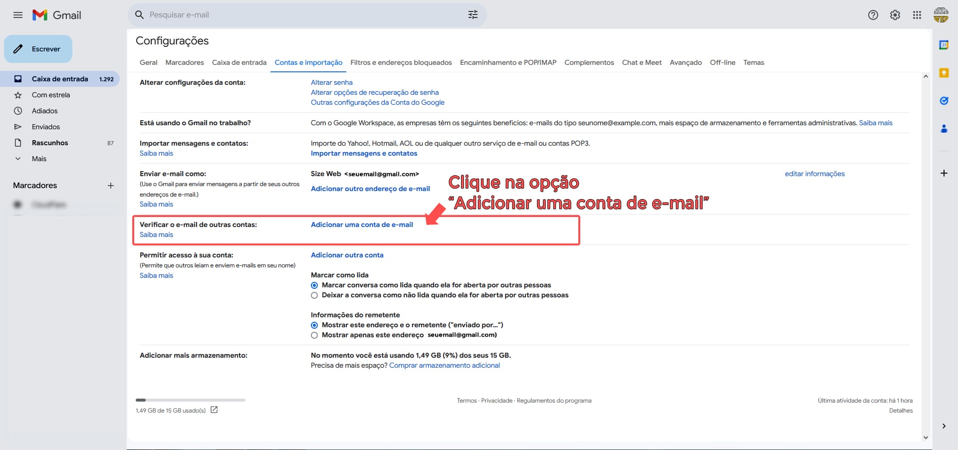 Imagem mostrando a opção para adicionar uma conta de e-mail profissional no Gmail
