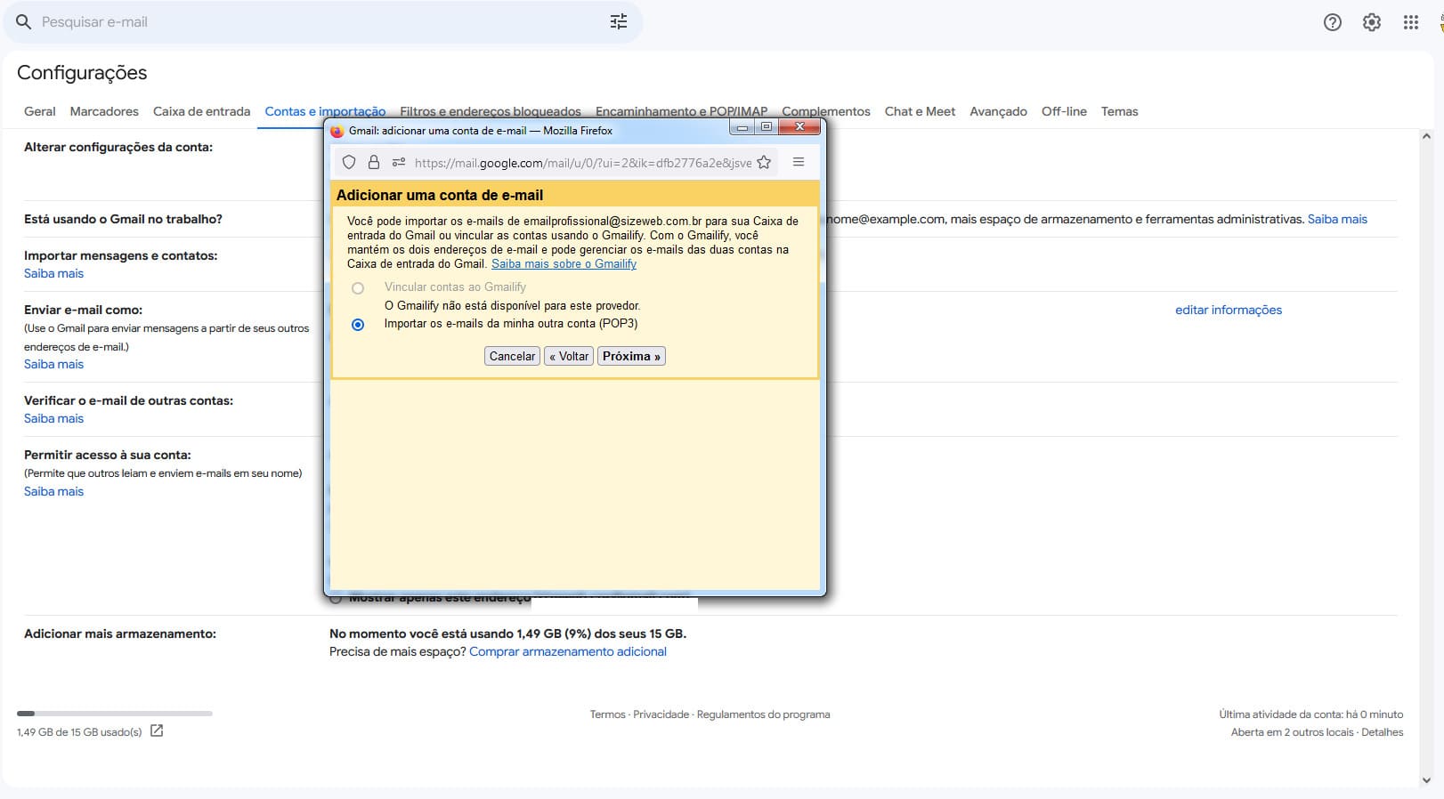Imagem mostrando a tela de inicio da configuração de POP no Gmail