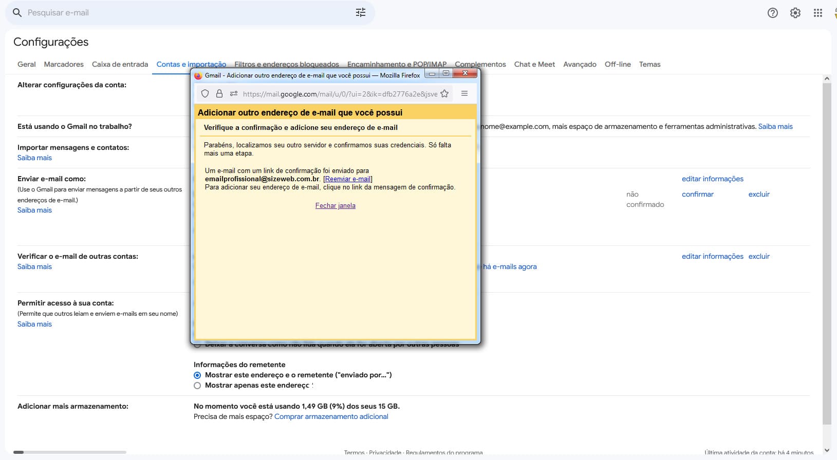 Imagem mostrando a tela de solicitação de confirmação de e-mail profissional do Gmail