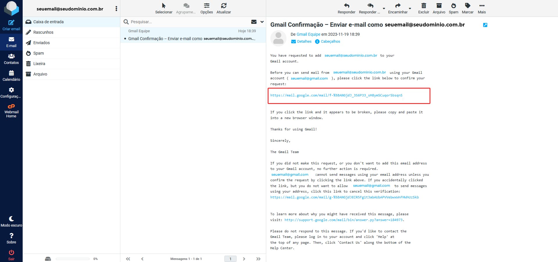 Imagem mostrando o e-mail de confirmação de email profissional no Gmail, nele consta um link de confirmação