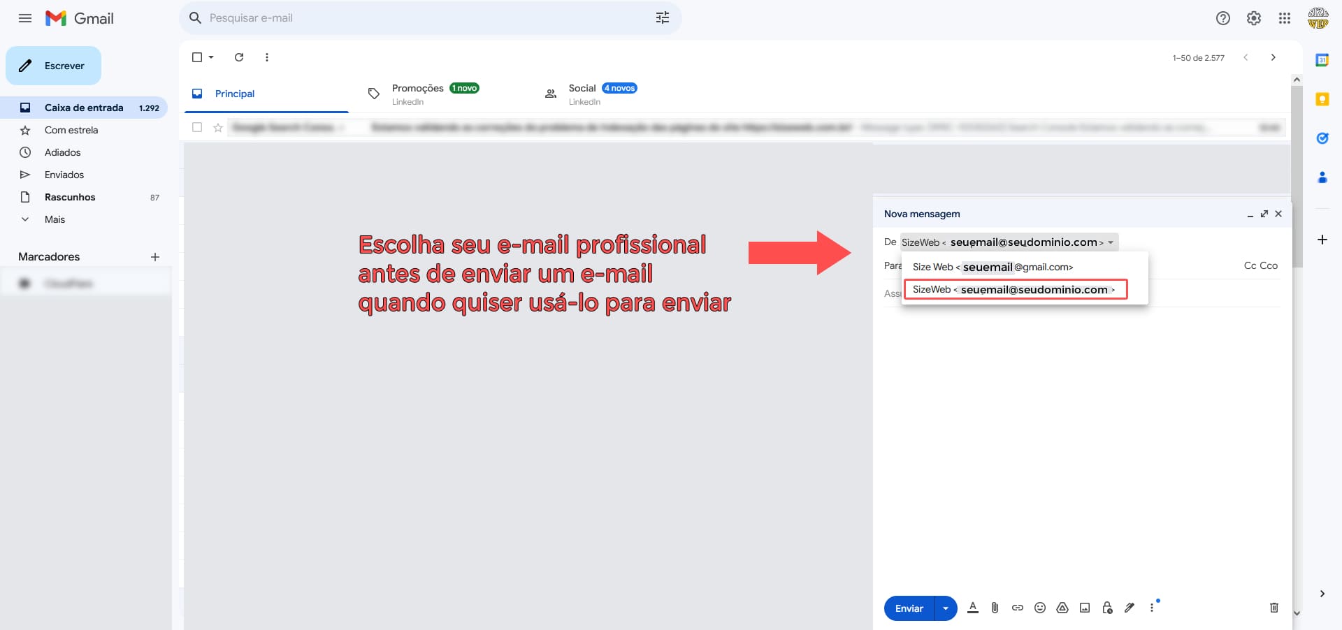 Imagem mostrando como selecionar o e-mail profissional no Gmail antes de enviar um e-mail através dele