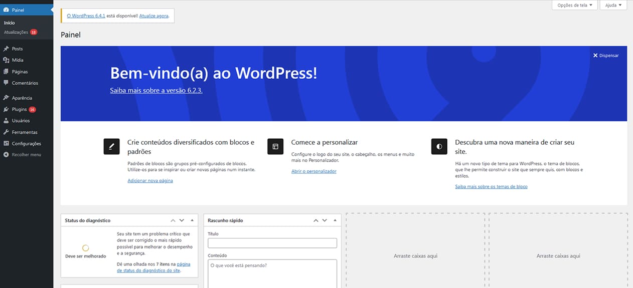 tela de boas vindas do painel WordPress após ser instalado