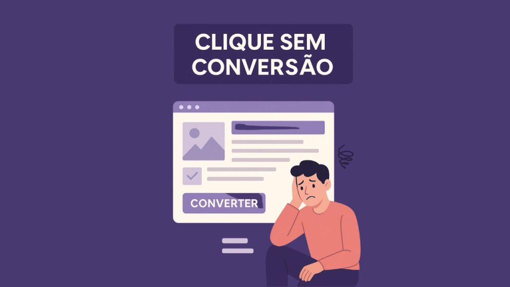 Uma landing page bagunçada com usuário frustrado e um botão de conversão ignorado.