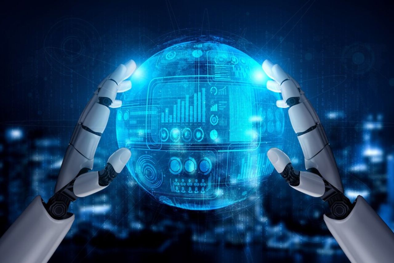 Inteligência artificial analisando dados de marketing digital com gráficos flutuantes
