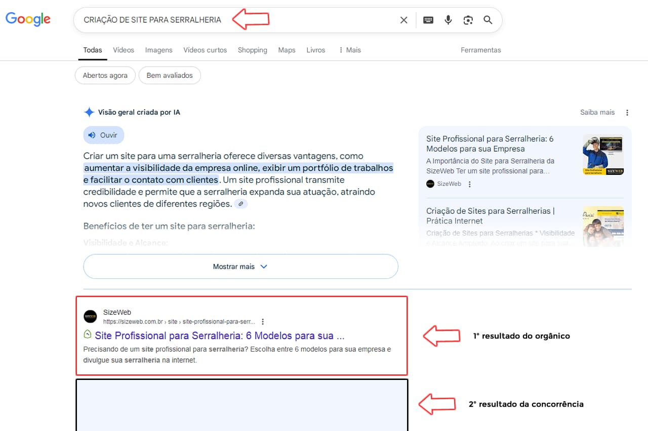 Site ranqueando entre os primeiros resultados no Google