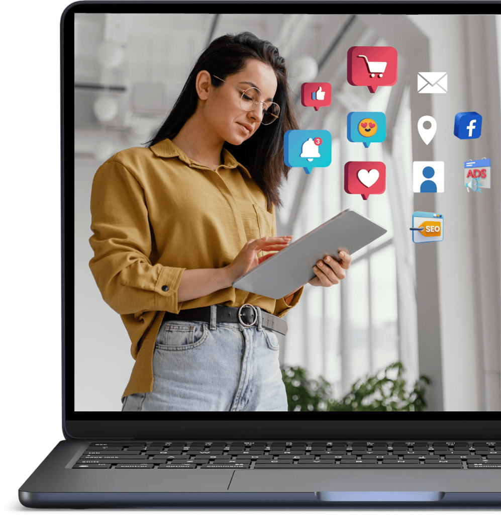 imagem mostrando uma mulher no notebook avaliando seu marketing digital, icones dos logos das redes sociais, SEO e Google Ads saltam de cima do tablet que ela está segurando, ela está sorridente e satisfeita